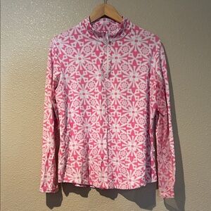 IBKUL Pink and White Geometric Print Long Sleeve Zip Neck Top